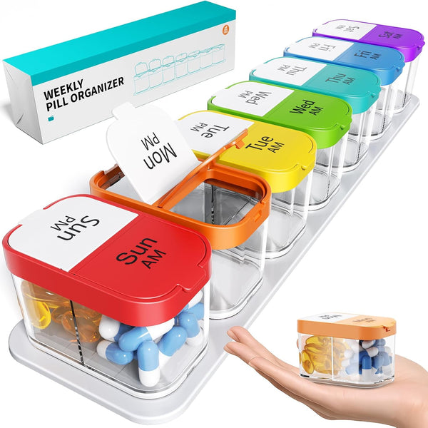Odaro Extra Large Weekly Pill Organizer - XL Pill Box 7 Day AM PM Jumbo Medicine Organizer - Rainbow