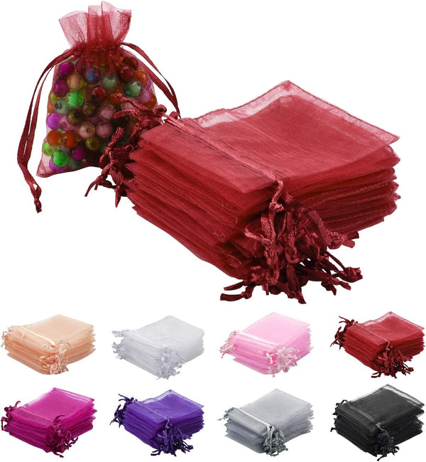 100pcs Red Organza Gift Pouches, 2x3 Inch Sheer Drawstring Bags for Jewelry, Wedding, Party & Christmas Favor Gifts