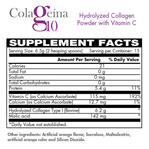 Colageina 10 Hydrolized Collagen Powder, Orange Flavor, with Vitamin C, 3.5 Oz Jar