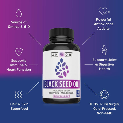Zhou Nutrition Black Seed Oil Capsules, 100% Virgin, Cold Pressed, 60 Caps | Omega 3 6 9, Super Antioxidant