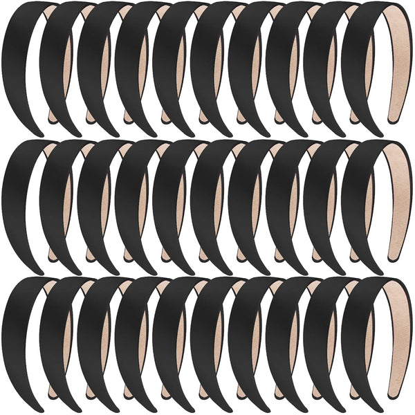 SIQUK 30 Pieces Black Satin Headbands - 1 Inch Wide Non-slip Hair Headbands for Women and Girls