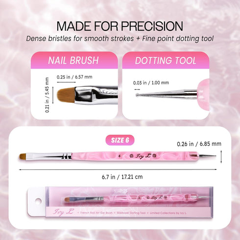Ivy L Premium 2 Way French Gel Acrylic Nail Art Kolinsky Brush with Dotting Tool, Size #6, Pink Marble
