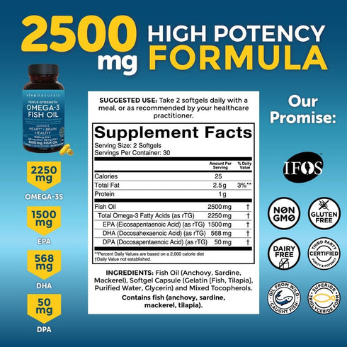 Viva Naturals Triple Strength Omega 3 Fish Oil Supplement - 2500 mg Fish Oil with Re-Esterified Omega 3 Fatty Acids