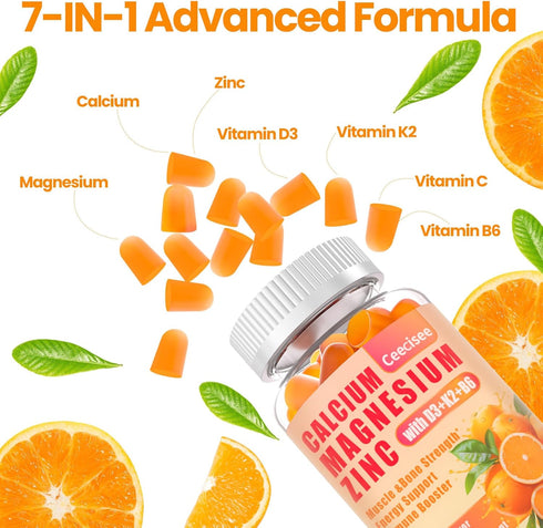 Calcium Magnesium Zinc Gummies with D3, B6 & K2, 1000mg Calcium Gummies for Adults and Teens, Sugar Free, 60 Count