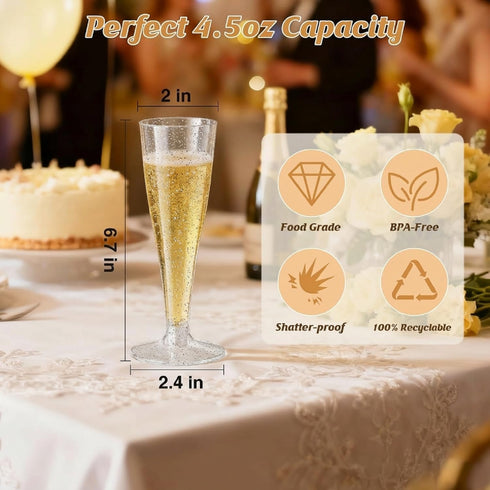 Torchero 4.5 OZ, 100 Count, Placstic Champagne Flutes Disposable, SilverGlitter, Party Supplies for Women's Day