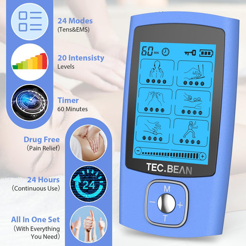 24 Modes Tens Unit Muscle Stimulator, Rechargeable Tens Machine with 8 Electrode Pads for Pain Relief Therapy