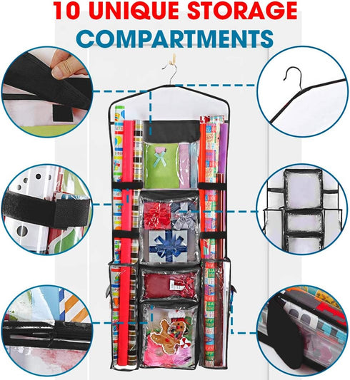 ProPik Double-Sided Gift Wrap Organizer, Wrapping Paper Storage with Multiple Pockets, Fits 40 Inch Rolls (Black seam)