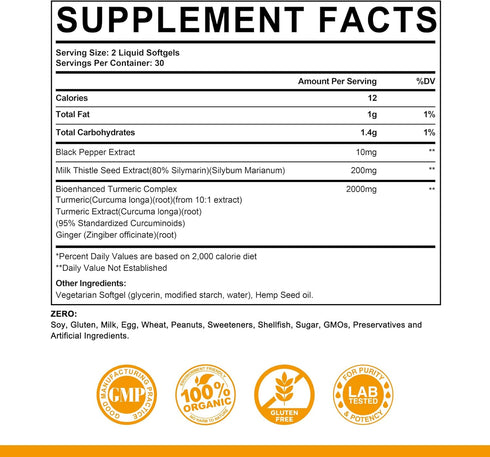 5 in 1 Turmeric Curcumin Softgels 2000mg with Milk Thistle, Black Pepper, Ginger Root - Joint, Immune Support