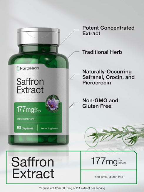 Horbaach Saffron Extract Capsules | 177 mg | 60 Count - Non-GMO, Gluten Free Supplement