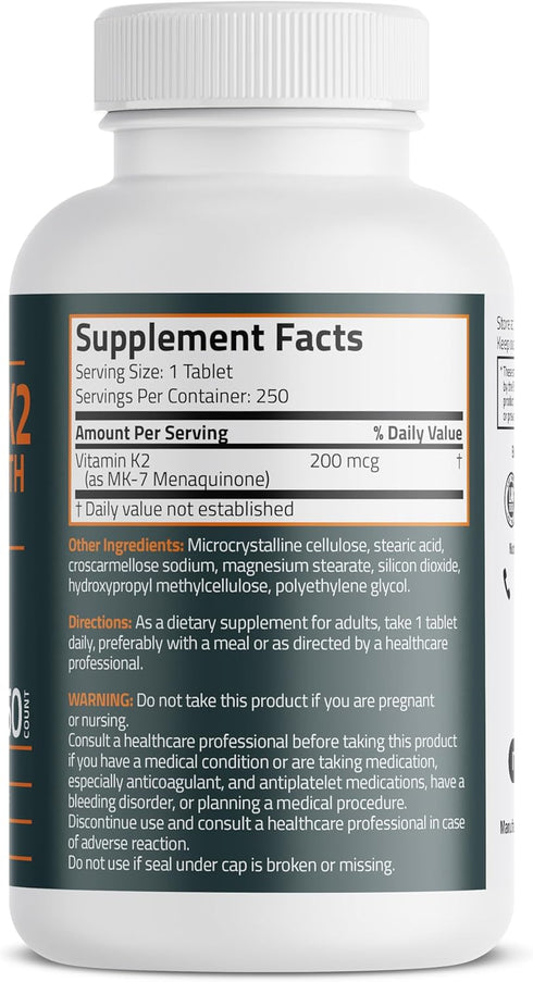 Bronson Vitamin K2 MK-7 200mcg Extra Strength, 250 Vegetarian Tablets