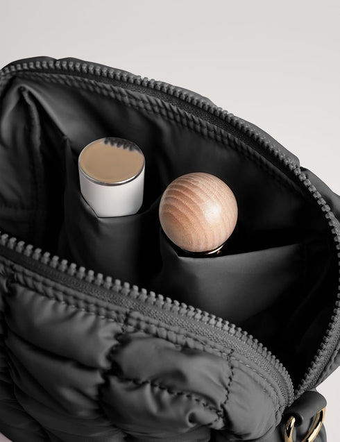 Quilted Makeup Bag, Travel Toiletry Bag for Women, Cute Black Puffer Makeup Organizer
