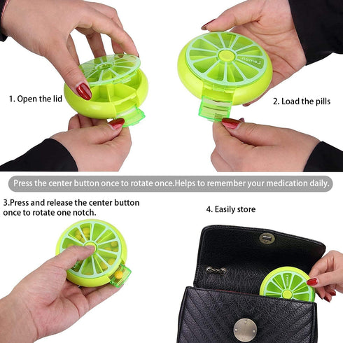 KINMINGZHU 7 3-Compartment Portable Mini Day Weekly Circular Shape Rotary Cute Fruit Style Pill Organizer Box (Mixed