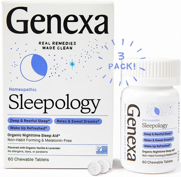 Genexa Sleepology for Adults | Melatonin Free Sleep Aid with Soothing Natural Vanilla & Lavender Flavor | 180 Chewable