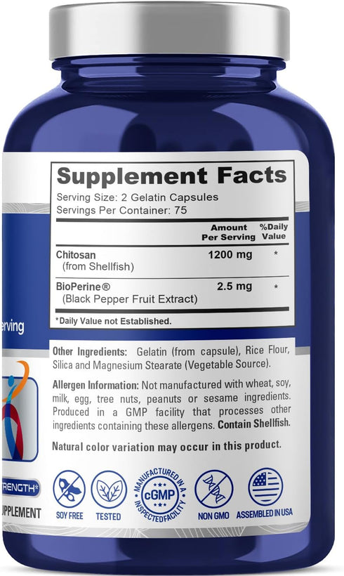 NusaPure Chitosan 1200mg 150 Caps (Non-GMO & Soyfree) with Bioperine