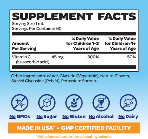 Immune 1 60 Smurfs Liquid Vitamin C for Kids Support | High Strength Kids Vitamin C Drops | Ages & Up | Vegan Non-GMO
