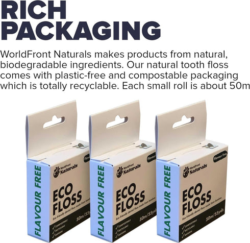 Naturals Dental Floss - Biodegradable White Unflavored Tooth Floss Made of Organic Bamboo, 50m