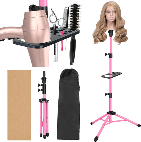 Wig Stand Tripod, 55 Inch Metal Mannequin Head Tripod Stand for Hairdressing Training (Pink, Head Not Included)