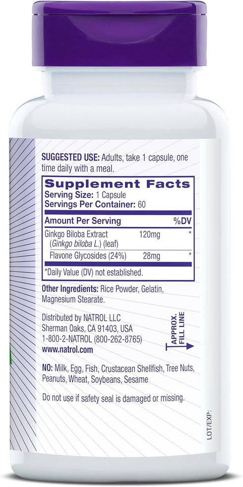 Natrol Brain Health Ginkgo Biloba 120mg, 60 Capsules, Dietary Supplement for Brain Health and Memory Support