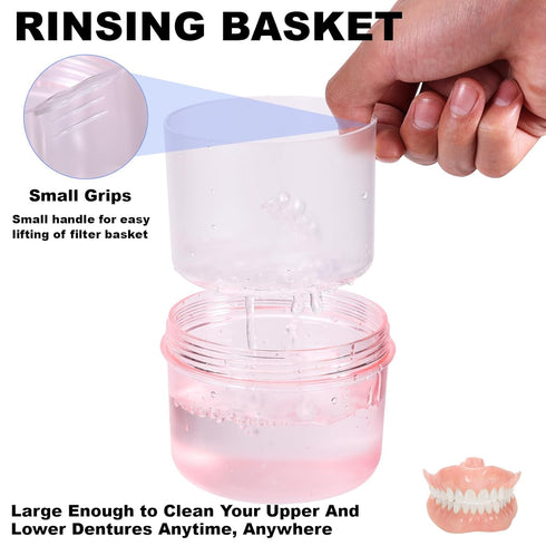 Denture Case, Leak Proof Bath Cup for Travel, Container for Soaking Full & Partial Dentures, Cleaning Kit