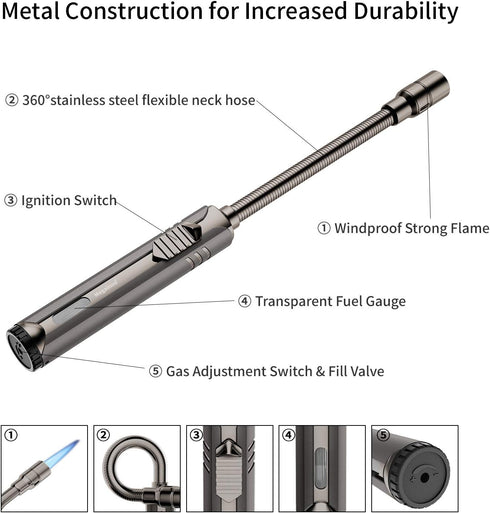 Butane Lighter Torch, Long Refillable Jet Lighter, Windproof with Visual Fuel Window, Flexible Neck for Grill - Black