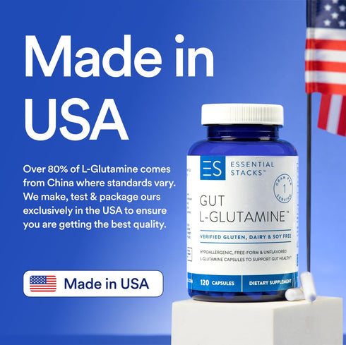 Essential Stacks Gut L-Glutamine Capsules 1000mg (Made in USA) - Gluten, Dairy & Soy Free, Non-GMO L Glutamine for Gut Health - 60 Serves (120 Caps)