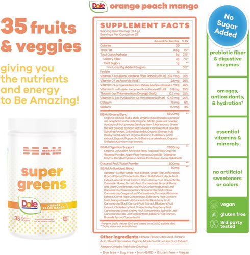 BEAM be Amazing Dole Super Greens Powder with Prebiotics, Digestive Enzyme, Antioxidant, 25 Servings, Orange Peach Mango