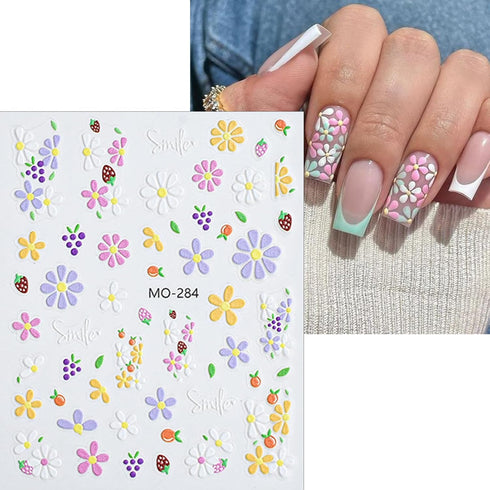 Flower Nail Art Stickers, 5D Embossed Self-Adhesive Decals, Spring Daisy Nail Design for Women Girls DIY Decoration