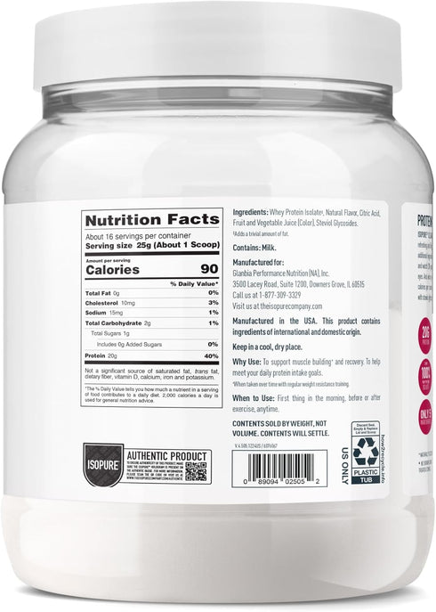 Isopure Clear Whey Isolate Protein Powder, Lactose Free, Gluten Free, Naturally Flavored, Mixed Berry, 20g Protein Per