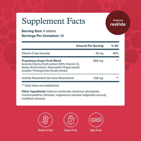 Youtheory Resveratrol Advanced Antioxidant Formula - Premium Supplement with Super-Fruit Blend, 160 Tablets, Gluten Free