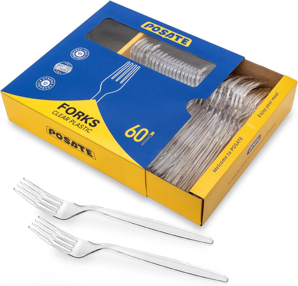 POSATE Heavy Duty Clear Plastic Forks, Disposable Pack of 60