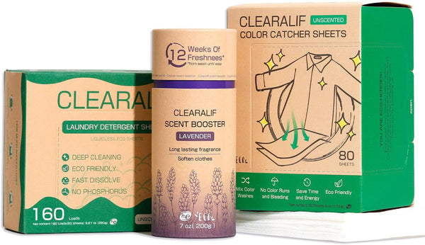CLEARALIF All In One Laundry Kit: 80 Sheets Unscented, 7 oz Lavender Scent Booster Tube, 80 Color Absorber Sheets