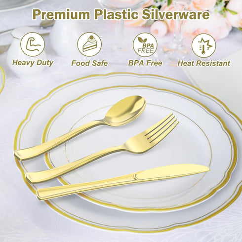 200 Count Heavy Duty Gold Plastic Silverware Set, 100 Forks, 50 Spoons, 50 Knives, BPA-Free Disposable