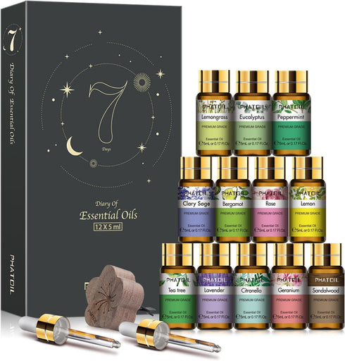 PHATOIL Essential Oil Set, 12x5ml Essential Oils Gift Set with Diffused Wood,