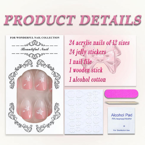 Press on Nails Short Almond MABKJLF, Pink Full Cover French Fake Nails with Star Designs for Women & Girls