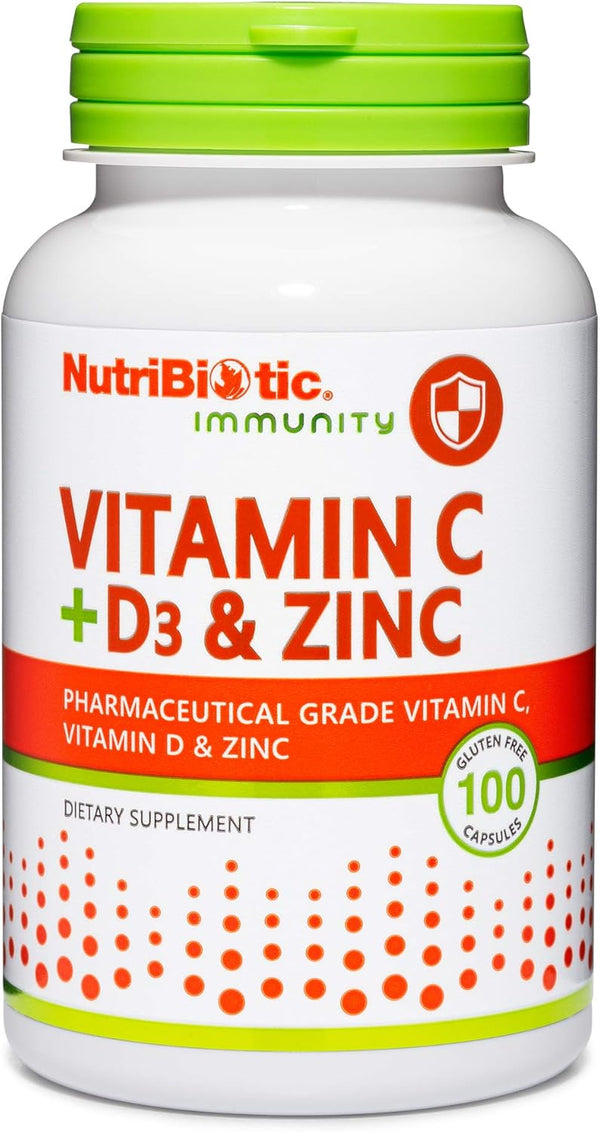 NutriBiotic Vitamin C + Vitamin D3 & Zinc, 100 Capsules | Comprehensive Immune Support | Antioxidant Daily Supplement,