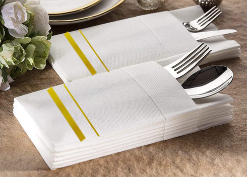 Disposable Dinner Napkins with Built-in Flatware Pocket, Linen Feel White and Golden Napkin, Prefolded for Silverware