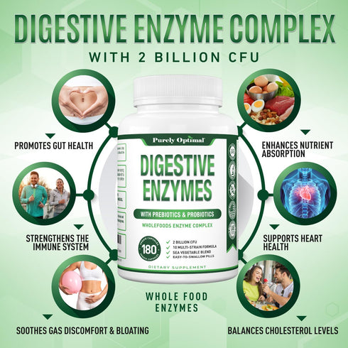 Purely Optimal Digestive Enzyme Supplement, Comprehensive Gut Health Support with 12 Enzymes, 180 Capsules