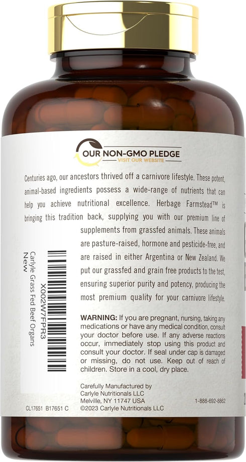 Carlyle Grass Fed Beef Organ Complex | 200 Capsules | Pasture Raised, Grain Free Supplement with Desiccated Liver,