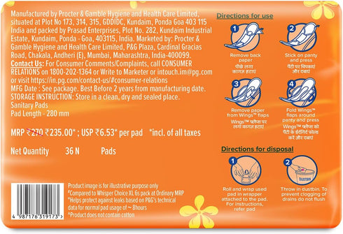 WHISPER 36 100% 20% Choice Sanitary Pads, XL Pads, Upto Stain Protection All Day, Longer Length for Better Coverage