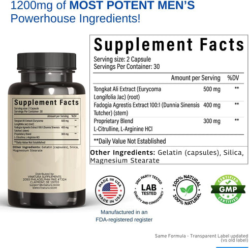 Tongkat Ali & Fadogia Agrestis - 1200mg, enhanced with L-Citrulline and L-Arginine, Equivalent to 54,300mg Raw Per Serving *USA Made and Tested* Complex Herbal Supplement, 60 Capsules