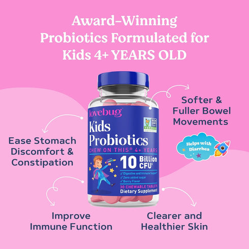 lovebug PROBIOTICS for Kids - Probiotic Chewables with Prebiotic Fiber for Age 4+, 60 ct Sugar-Free Berry Flavor