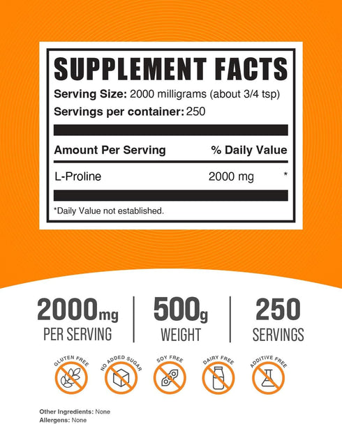BulkSupplements.com L-Proline Powder, Amino Acid Supplement, 2000mg per Serving, 250 Servings, 500g