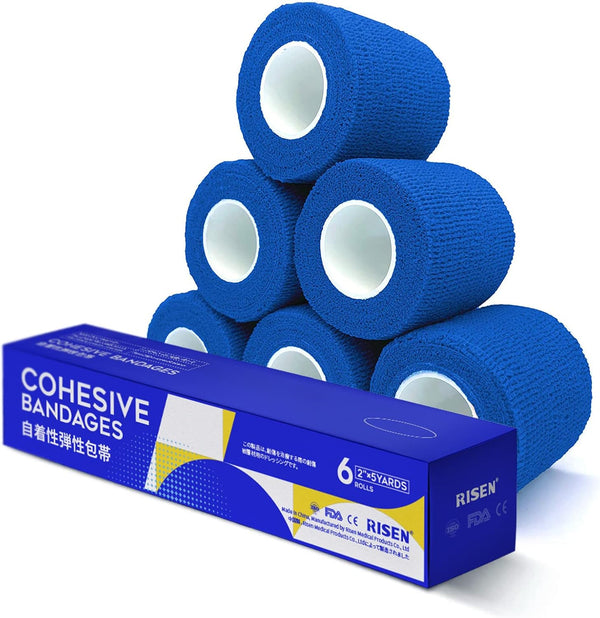 RISEN Cohesive Bandage 2” x 5 Yards, 6 Rolls Self Adherent Wrap Medical Tape for First Aid