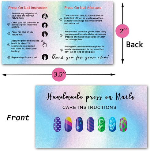 Press-On Nail Application Instructions Cards - Nail Aftercare Instructions Cards, 50 Pack, DIY Press-On Nail Kit