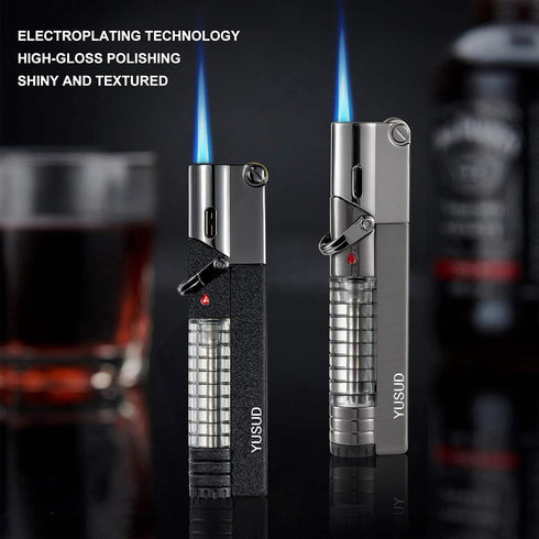 YUSUD Butane Fuel Lighter, 2 Pack Windproof Torch Jet Lighters with Visible Gas, Lockable Flame, Unique Gifts