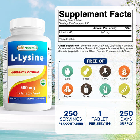 Best Naturals L-Lysine 500 mg, 250 Tablets