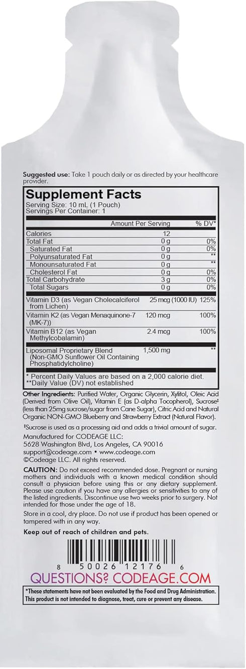 Codeage Liposomal Vitamin D3 Liquid Supplement - Vegan Multivitamin Sachets, Berry Flavor, 30 Pouches