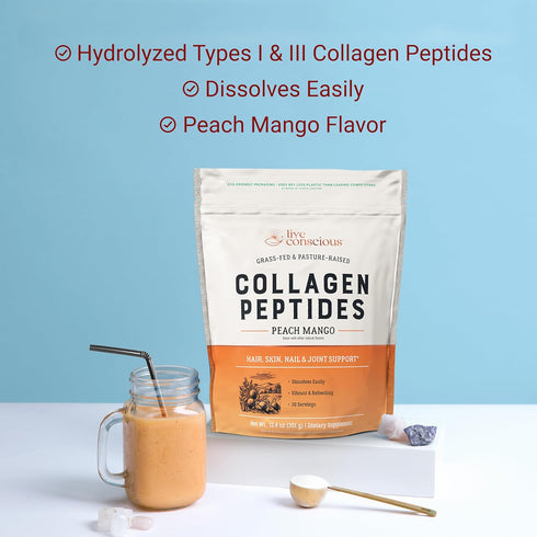 Live Conscious Collagen Peptides Powder - Peach Mango Flavored for Hair, Skin, Nail, & Joint Support, 30 Servings