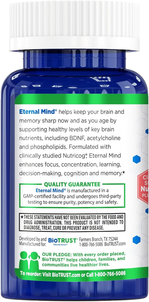 BioTrust Eternal Mind Brain Supplements - Clinically Studied Memory Supplement for Focus & Cognition - 30 Servings