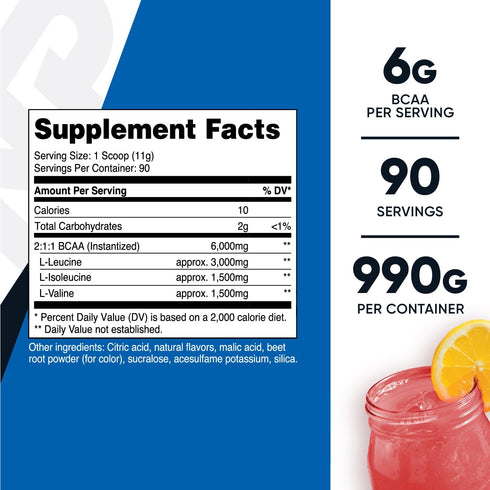 Nutricost BCAA Powder 2:1:1 - Raspberry Lemonade Flavor, 90 Servings